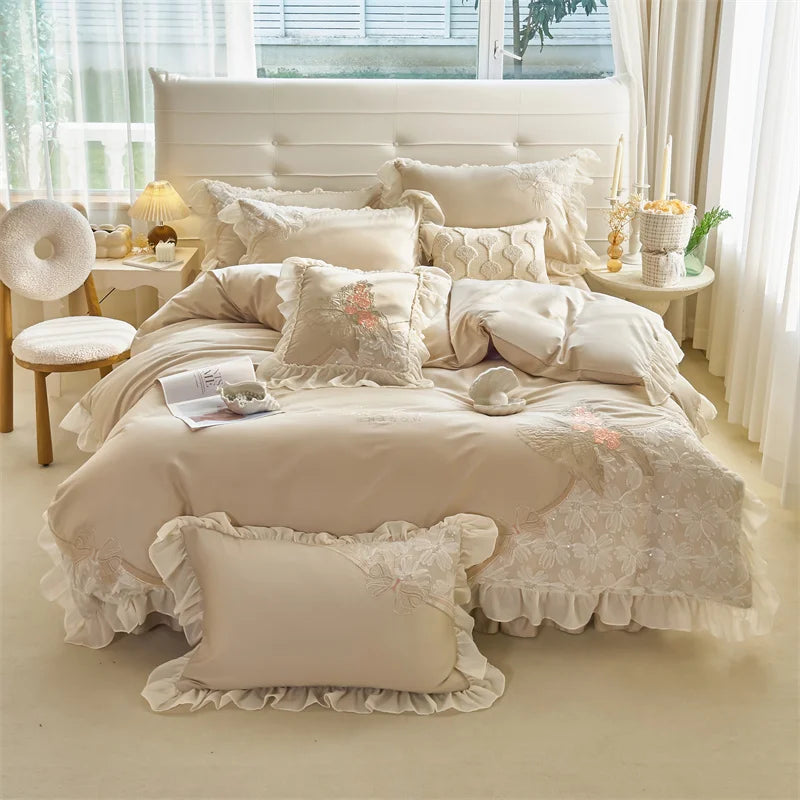Afralia™ Pink Butterfly Embroidery Lace Princess Wedding Bedding Set