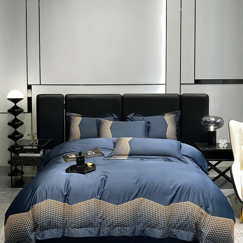 Afralia™ 1000TC Cotton Embroidery Luxury Bedding Set in Blue White Champagne