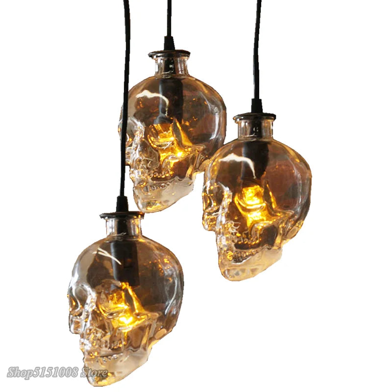 Afralia™ Skull Pendant LED Lights: Clear Glass Bottle, Vintage Industrial Hanging Lamp