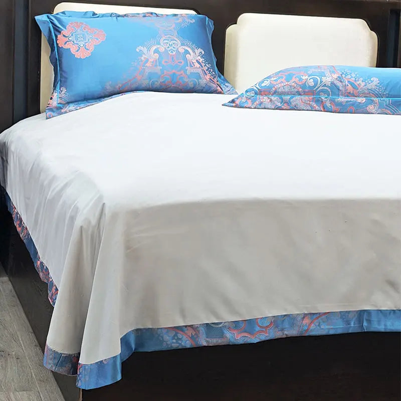 Afralia™ Blue Satin Jacquard Queen Duvet Cover Set with Sheet & Pillowcases