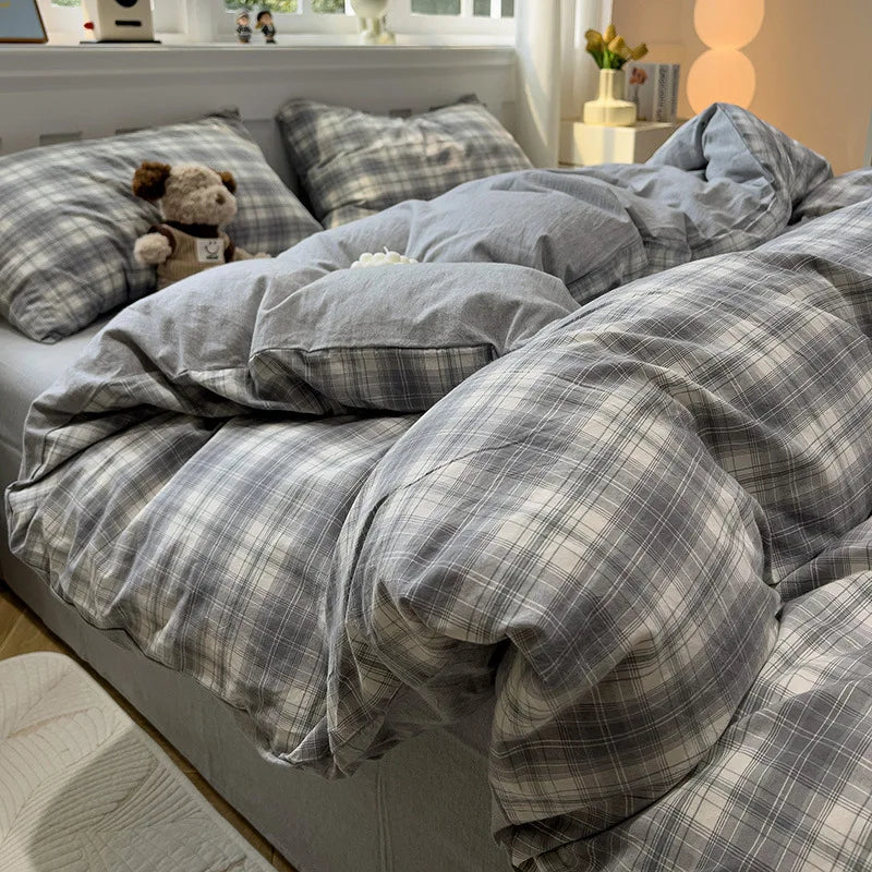 Afralia™ Minimalist Striped Grid Comforter Set in Washed Cotton, Soft Bedding Twin-Queen Size