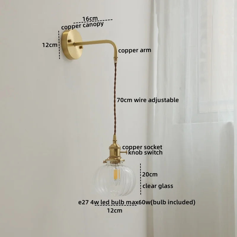 Afralia™ Glass Copper LED Wall Lights with Knob Switch, Modern Bedside Lamp