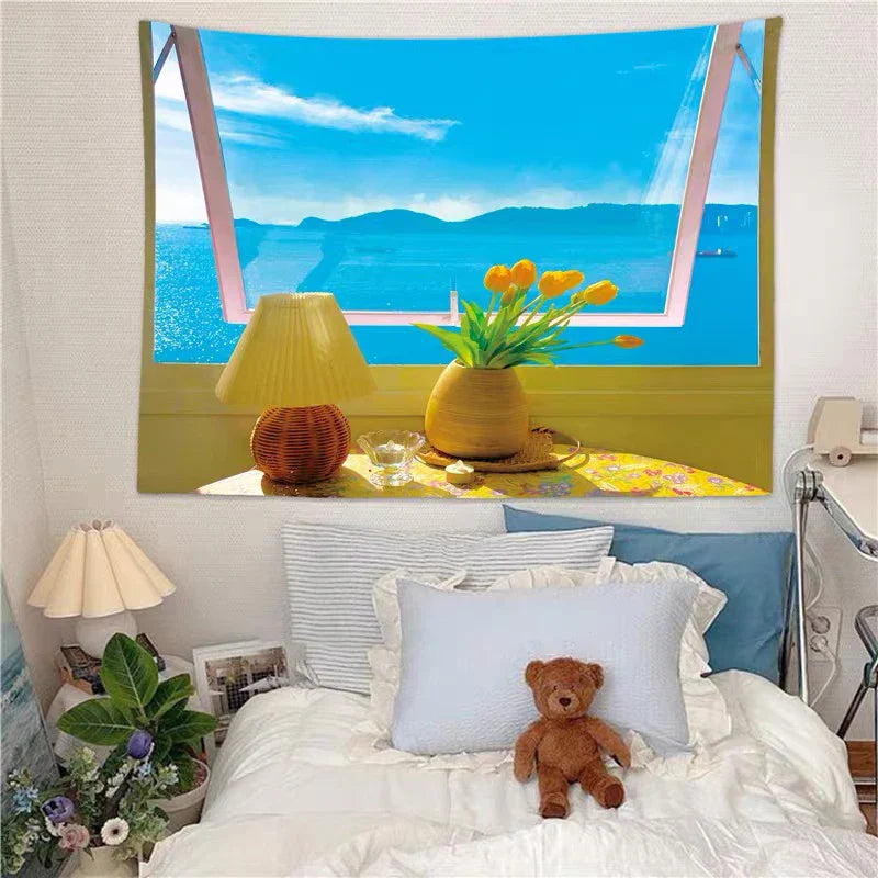 Afralia™ Dreamy Window Scenery Tapestry Wall Hanging for Room Decor