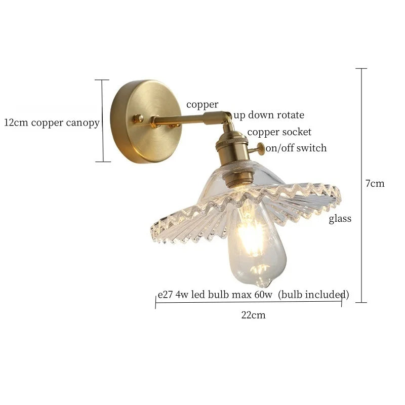 Afralia™ Clear Brass Glass LED Wall Lamp Pull Chain for Living Room Bedroom Loft