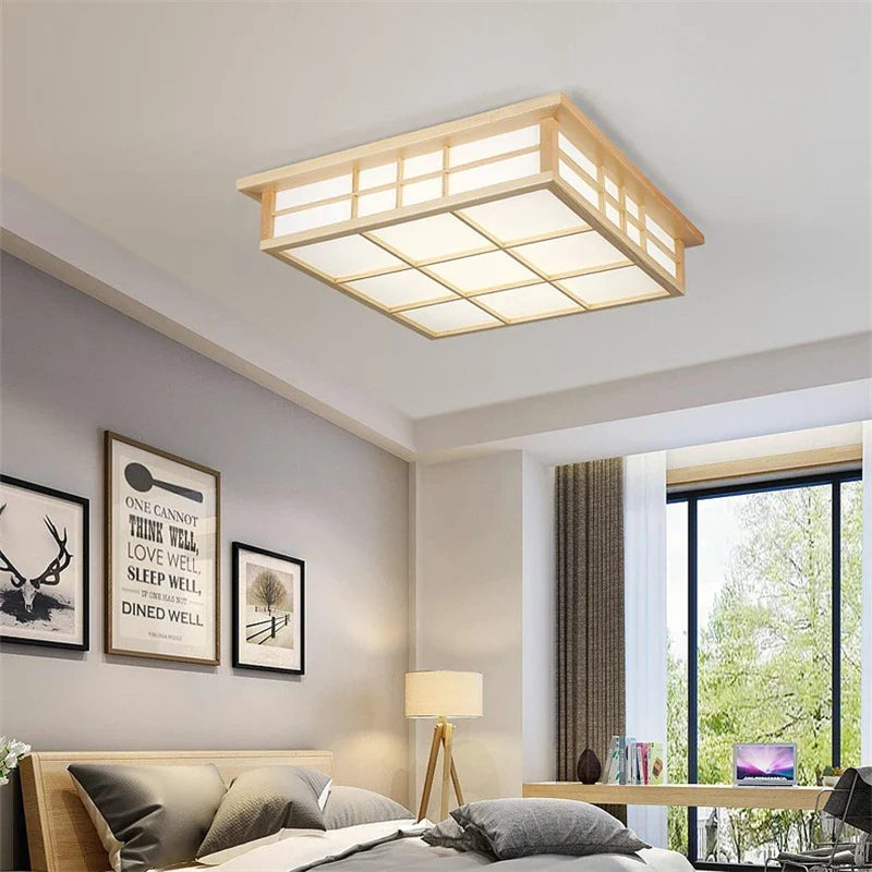 Afralia™ Japanese Wooden Square LED Ceiling Lights for Modern Living Room and Kitchen