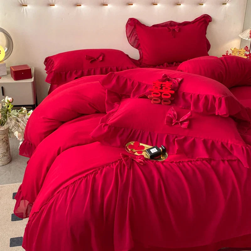 Romantic Lace Ruffles Bedding Set by Afralia™: Duvet, Sheet, Pillowcase, Princess Wedding Theme