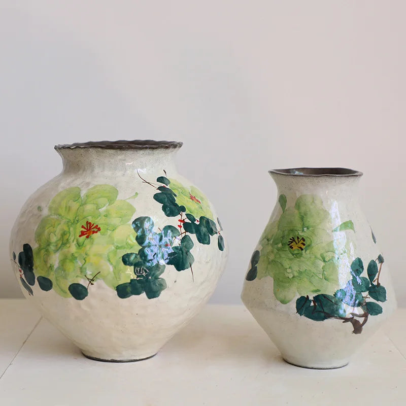 Afralia™ Handmade Chinese Watercolor Flower Vase Retro Decorative Earthenware Jars