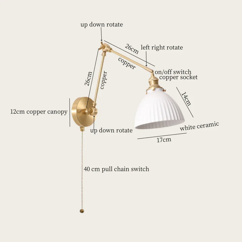Afralia™ Ceramic LED Wall Lamp, Pull Chain Switch, Nordic Copper, Small Size