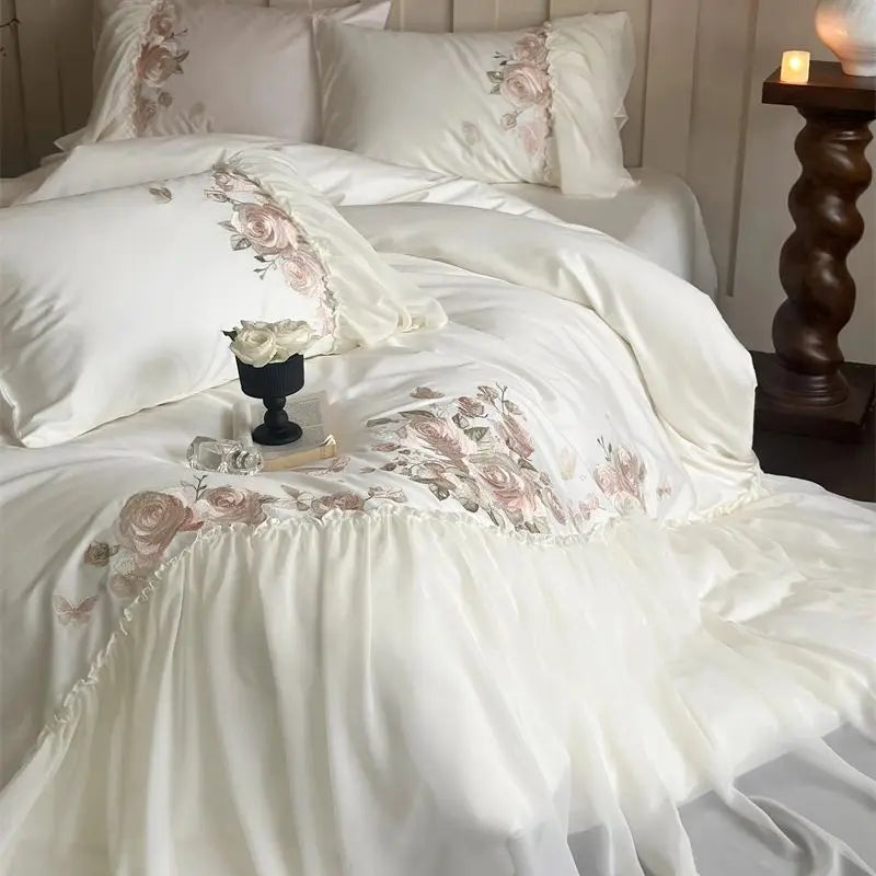 Afralia™ Luxe Lace Ruffles Wedding Bedding Set Flowers Embroidery Duvet Sheet Pillowcase