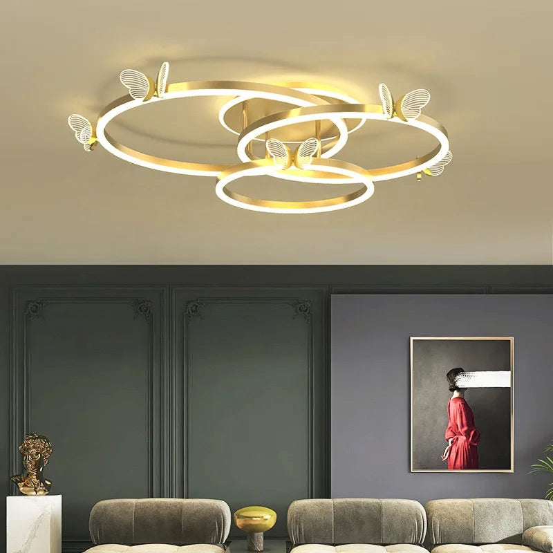 Afralia™ Gold Butterfly LED Round Ceiling Chandelier for Living Room and Bedroom