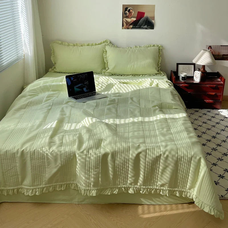 Afralia™ Korean Princess Lace Ruffles Summer Quilt Bedspread - 3Pc Bedding Set