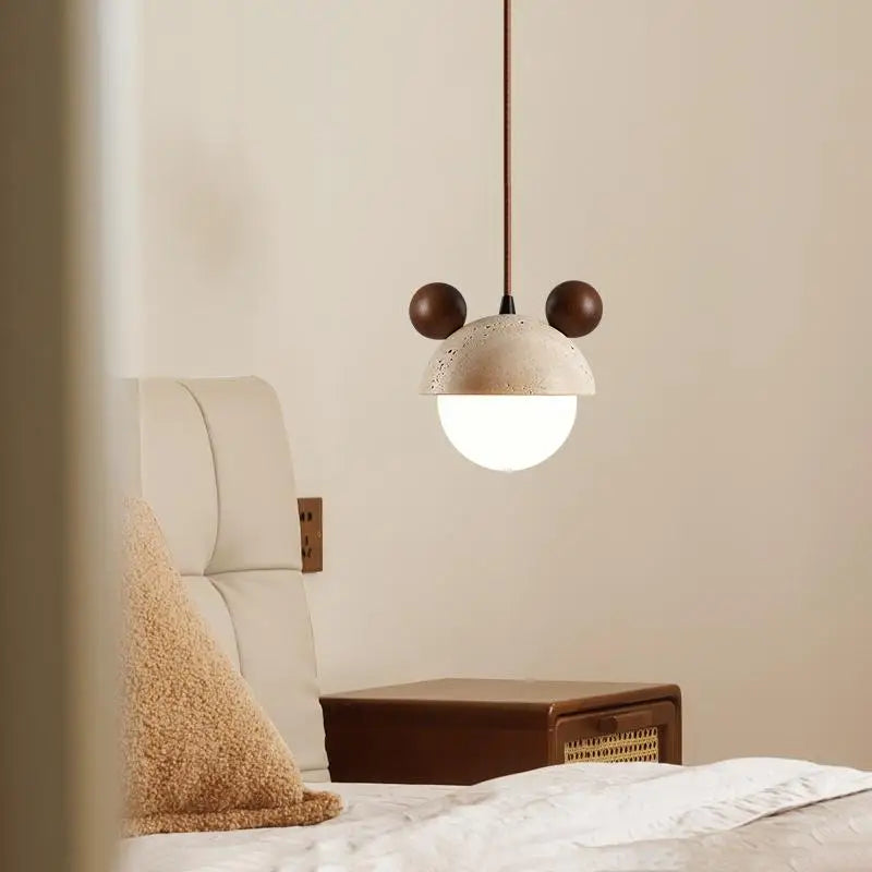 Afralia™ Cream Glass LED Pendant Lights Modern Wood Yellow Travertine Pendant Lamp