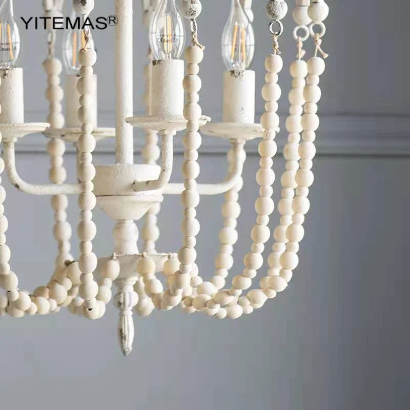 Afralia™ Vintage White Wooden Beads Chandelier French Country Dining Room Lighting