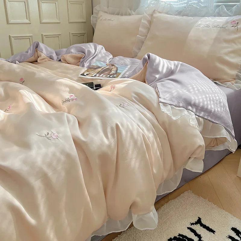 Afralia™ Silky Embroidery Bedding Sets with Lace, Ultimate Comfort for Home and Dorm