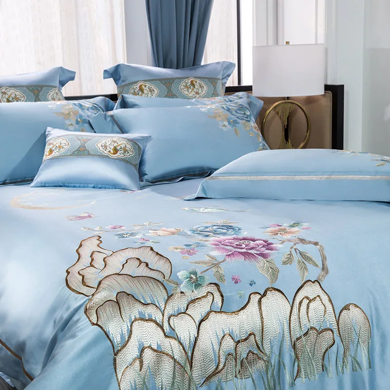 Afralia™ 200S Cotton Embroidery Bedding Set - Queen King Linens - Duvet Cover Sheets