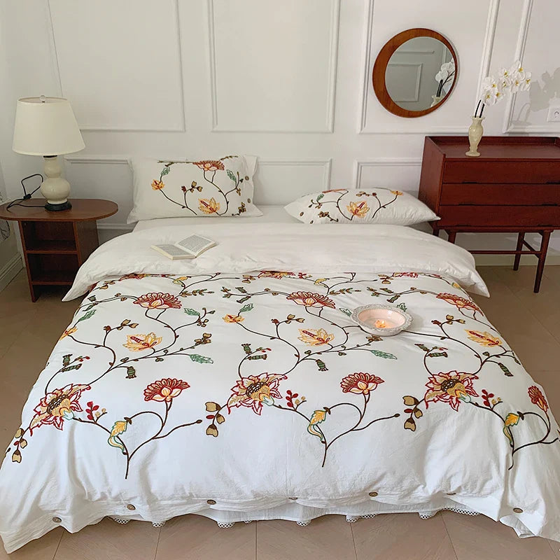 Afralia™ Cotton Bohemia Flowers Embroidery 4pcs Bedding Set Vintage Duvet Cover King Queen