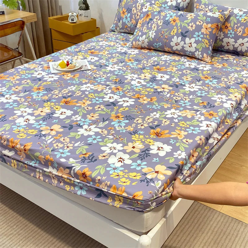 Afralia™ Fashion Flowers Print Cotton Fitted Sheet Single Piece Queen Size, Soft Pink Bed Linen