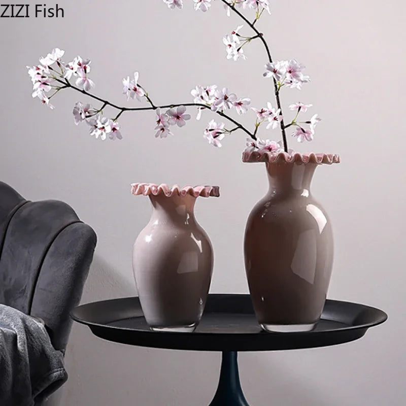 Afralia Pink Flower Edge Glass Vase: Desk Hydroponics Plant Pot for Floral Arrangement