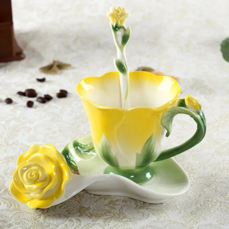 Afralia™ Enamel Rose Peony Floral Coffee Cup Wedding Birthday Gift