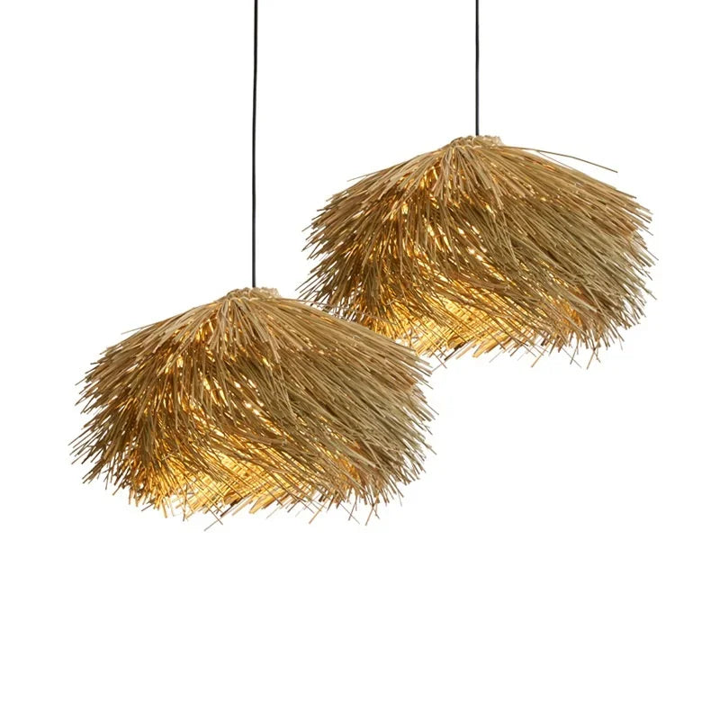 Afralia™ Wabi Sabi Rattan Straw Hat Pendant Chandelier - Nordic Retro B&B Suspended Lamp