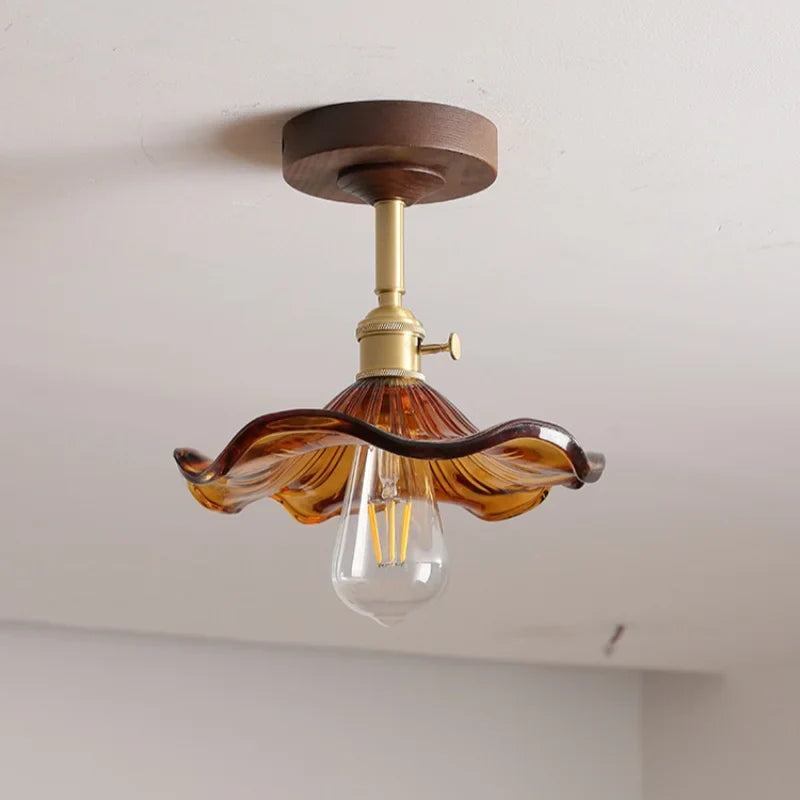 Afralia™ Green Glass LED Ceiling Lights: Modern Copper Wood Indoor Lamp