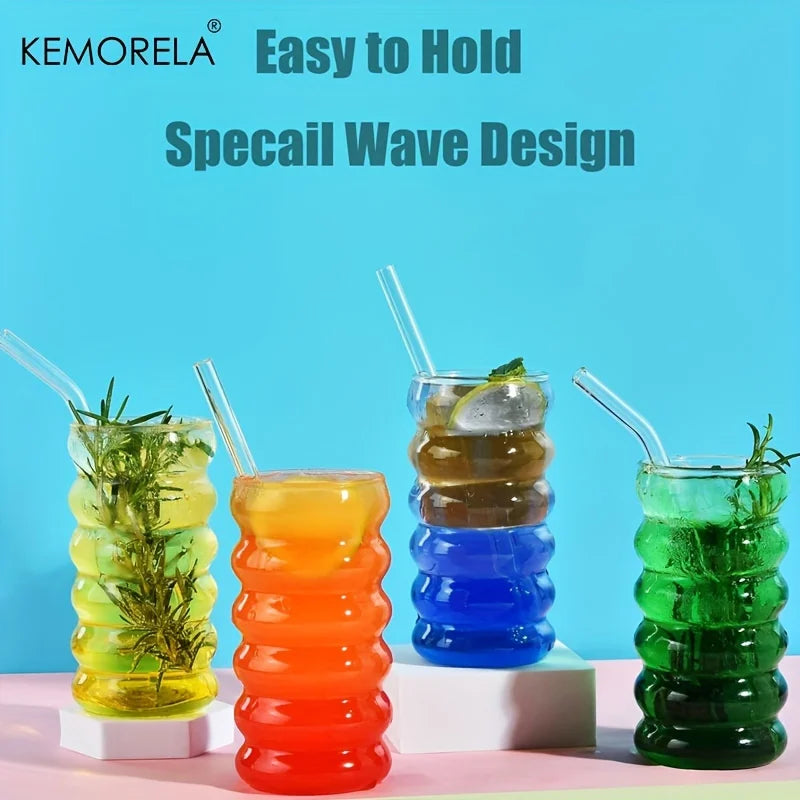 Afralia™ 500ML Wave Shape Beverage Glasses With Straws - Vintage Glass Cups