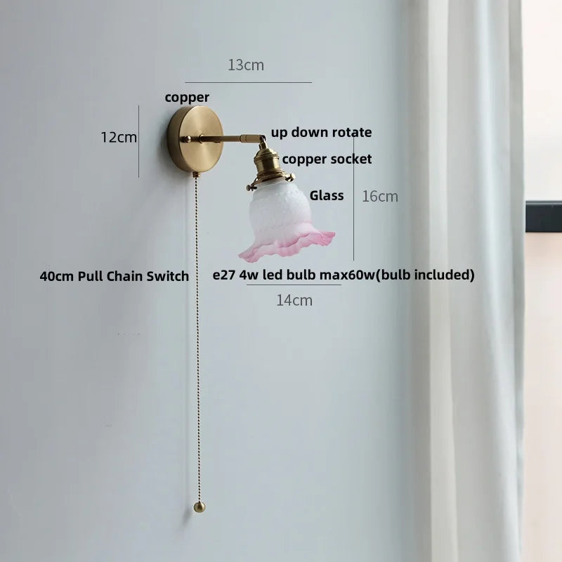 Afralia™ Nordic Modern LED Wall Lights Glass Bedside Lamp Brass Pull Chain Switch