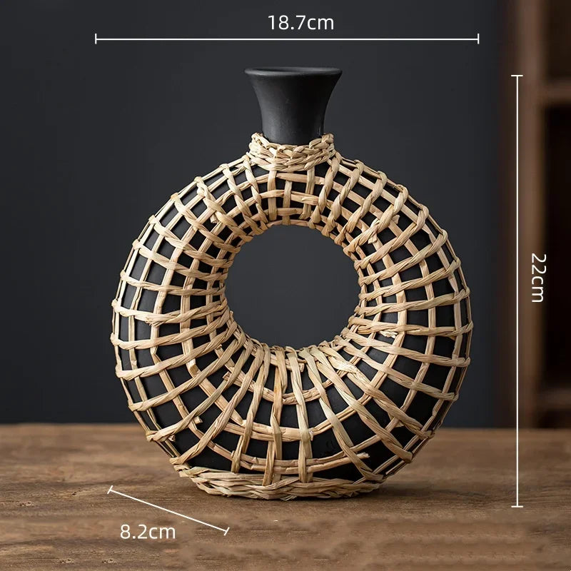 Afralia™ Rattan Vase: Geometric Ceramic & Straw Plaited Floral Arrangement Home Decor