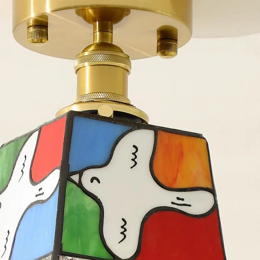 Afralia™ Tiffany Cube Glass LED Ceiling Lamp Copper Canopy Flush Mount Light