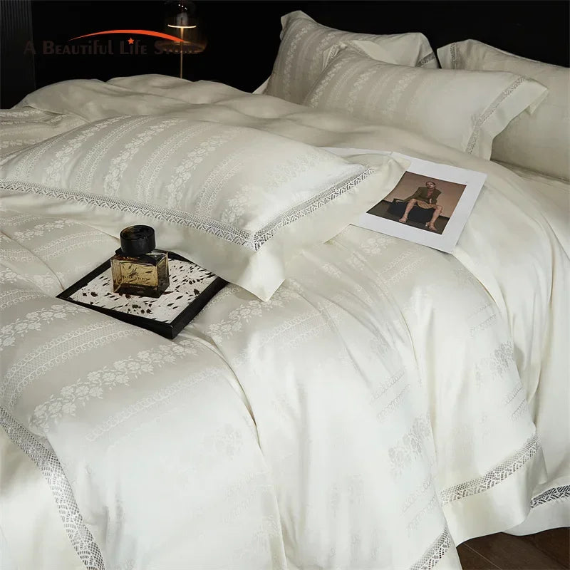 Afralia™ Silky Jacquard Summer Bedding Set with Hollow Lace Design