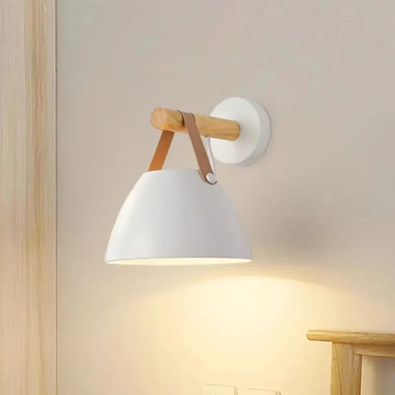 Afralia™ Wooden LED Wall Lamps with Leather Belt Iron Head Sconces for Indoor Decor