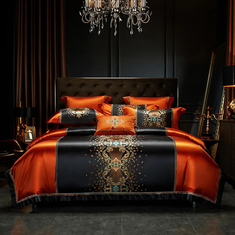 Afralia™ Luxury Gold Embroidery Bedding Set, Satin Brocade & Egyptian Cotton Duvet, Sheet, Pillowcases
