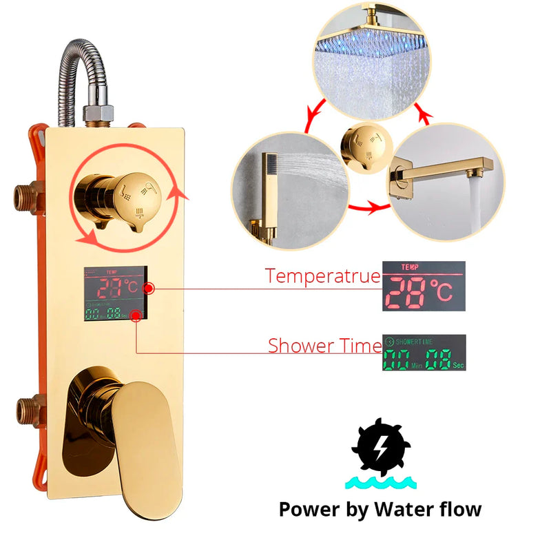 Afralia™ Gold Digital Shower Set with 3-Functions LED Rainfall Head