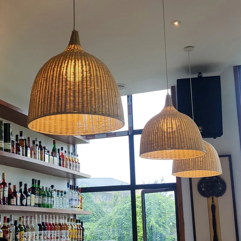 Afralia™ Bamboo Weaving LED Pendant Lights for Home Decor and Dining Room