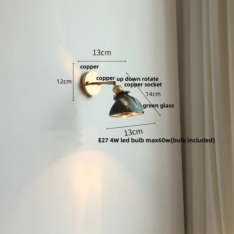 Afralia™ Green Glass LED Wall Sconce, Modern Nordic Rotate Copper Stair Light