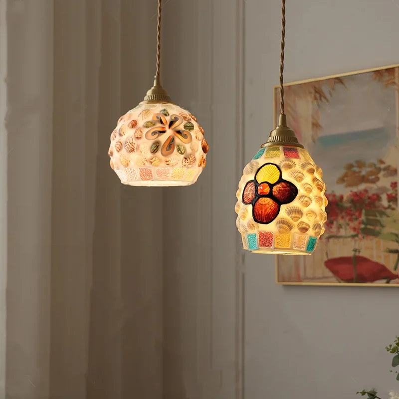 Afralia™ Conch Glass LED Pendant Light Fixture Tiffany Children Dining Room Hang Lamp