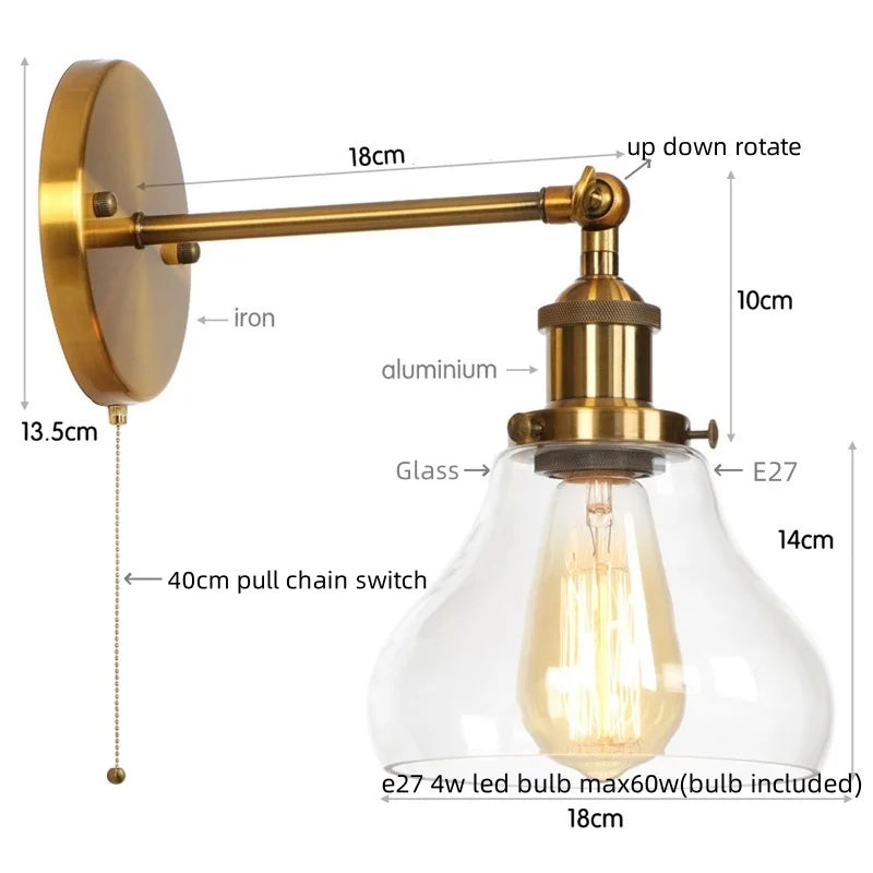 Afralia™ Red Bronze LED Wall Lamp with Pull Chain Switch and Clear Glass