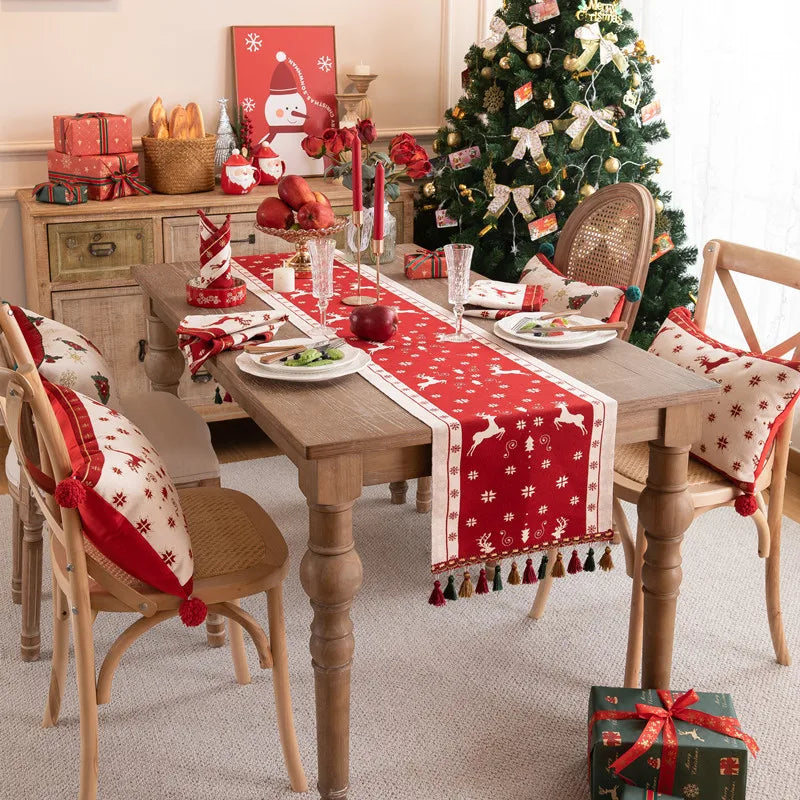 Afralia™ Christmas Cartoon Jacquard Table Runner with Embroidered Tassel - Festive Dining Room Decor