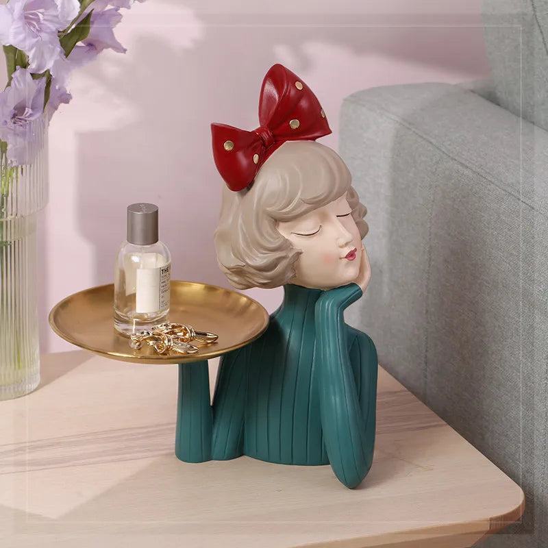 Afralia™ Modern Bow Girl Statue & Storage Tray: Home Decor Figurine, Ornaments, Snacks Holder