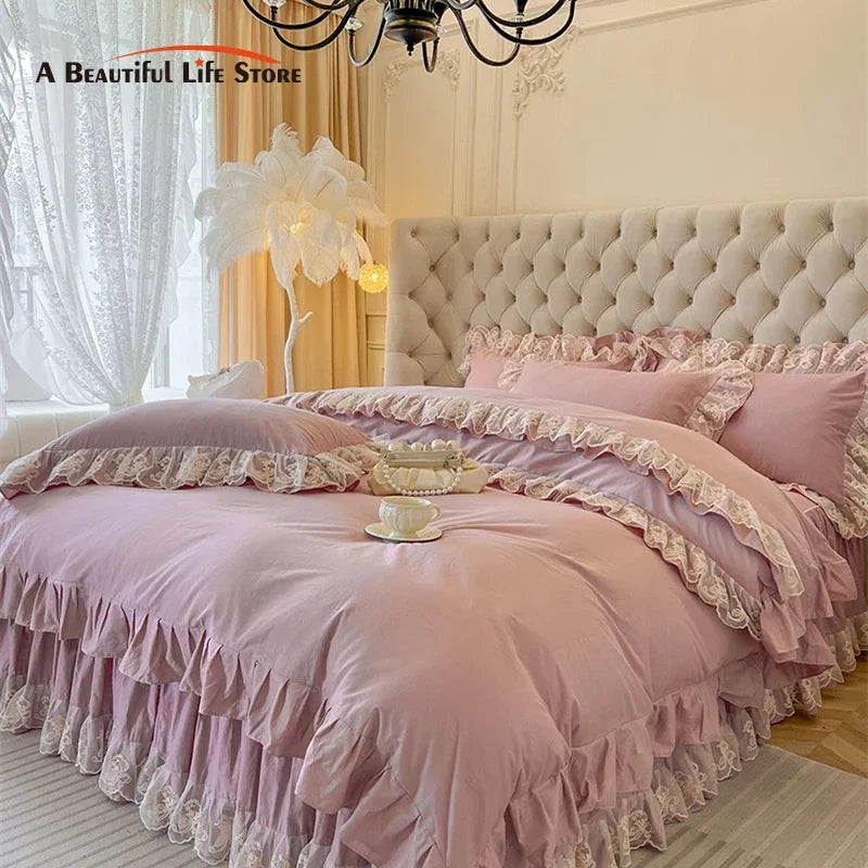 Afralia™ Korean Princess Lace Ruffles Bedding Set in Bean Paste Pink