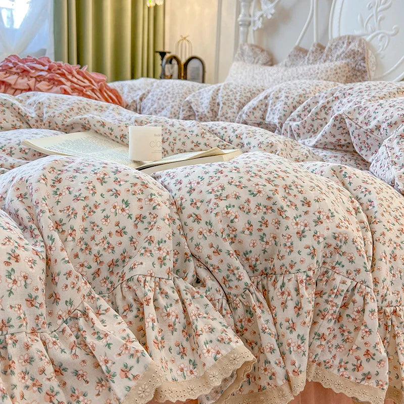 Afralia™ Double Layer Lace Ruffles Floral Bedding Set with Duvet Cover, Bed Skirt, Pillows
