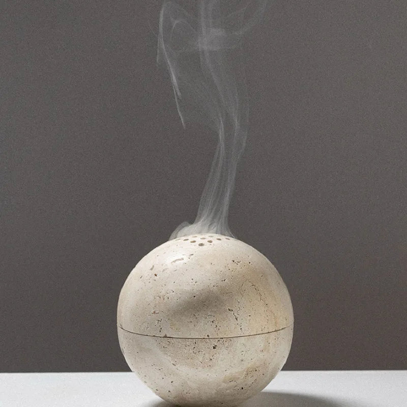Afralia™ Beige Travertine Sphere Incense Burner - Natural Marble Stone Religious Ornament