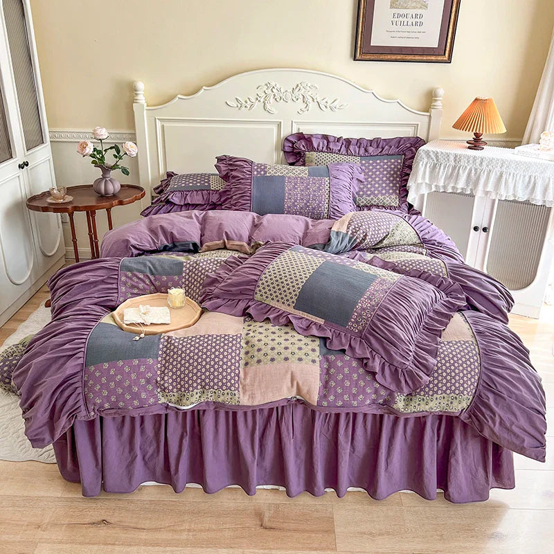 Afralia™ Vintage Cotton Double Layer Bedding Set with Ruffles & Pleat Details
