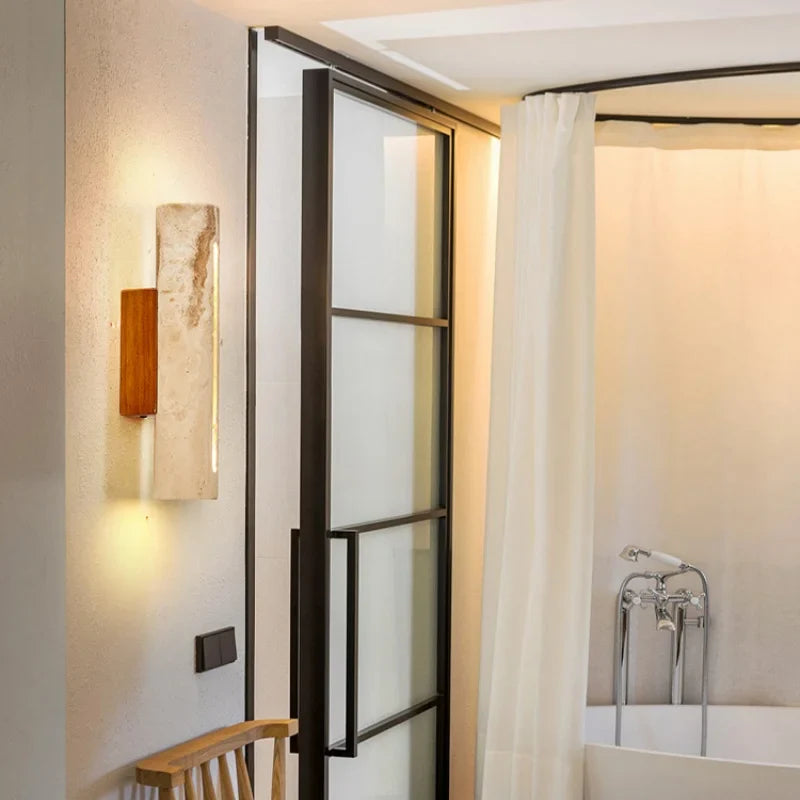 Afralia™ Wood Canopy LED Wall Lights Yellow Travertine Nordic Modern Indoor Sconce Lamp