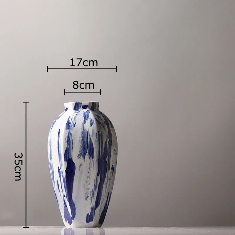 Afralia™ Blue & White Porcelain Vase: Ink Style Flowers, Aesthetic Room Decor