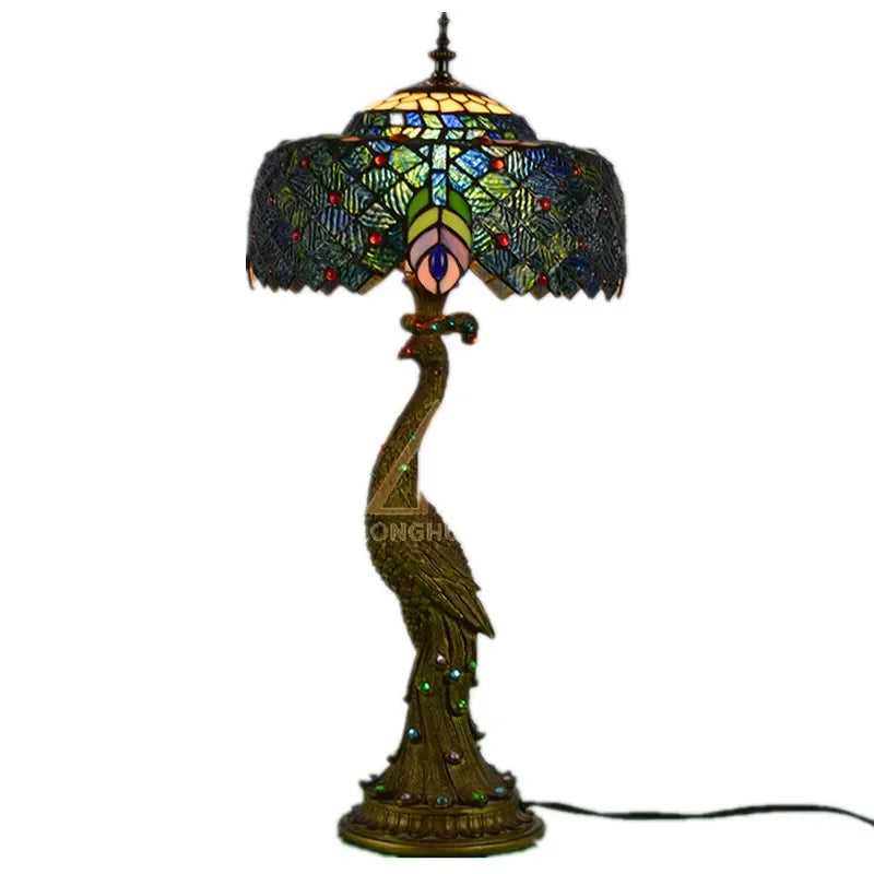 Afralia™ Peacock Stained Glass LED Bedside Table Lamp for Living Room Bedroom Lighting