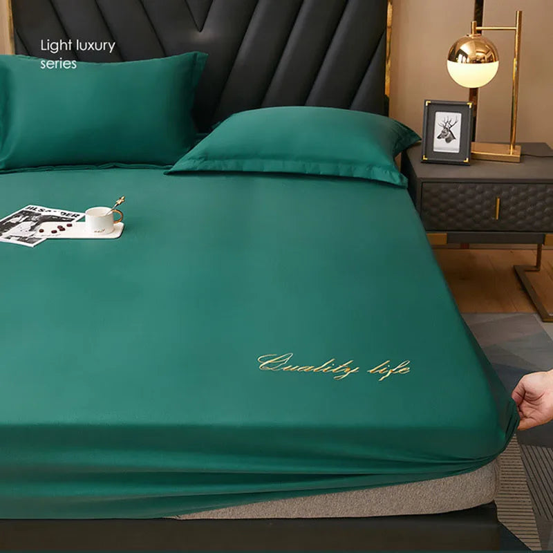 Afralia™ Silky Embroidered Fitted Sheet Set Queen Size Solid Color Luxury King Bedsheet