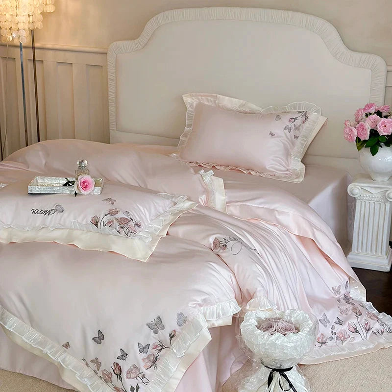 Afralia™ Pink Butterfly Flowers Embroidered Lace Bedding Set - 1000TC Egyptian Cotton