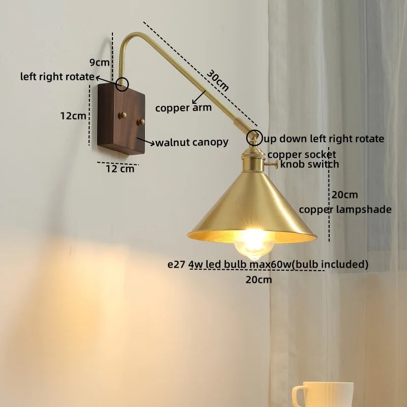 Afralia™ Walnut Copper LED Wall Lights Modern Bedside Lamp Applique Da Parete