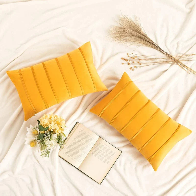 Afralia™ Velvet Striped Throw Pillow Covers Set, Yellow Lumbar Rectangle Cushion Covers